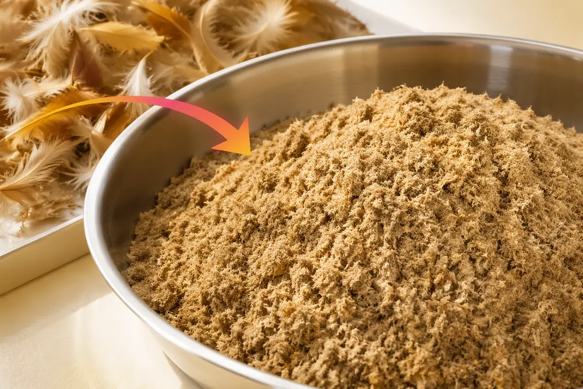 Prepared feather meal in a stainless pan with raw poultry feathers in the background